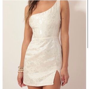 Satin Jacquard One-Shoulder Dress